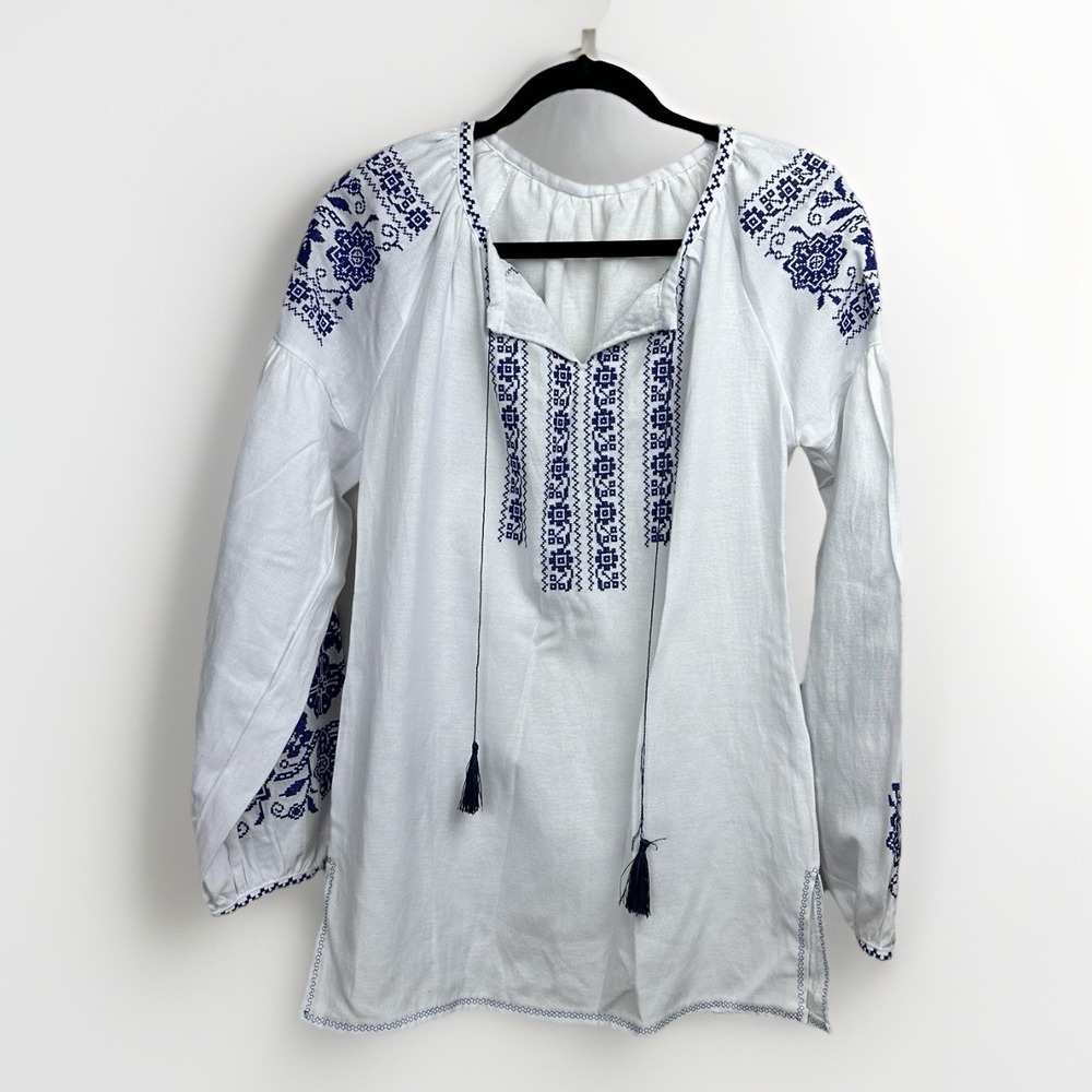 Blue Island Embroidered White Blue Boho Peasant Tunic Top XL Long Sleeve
